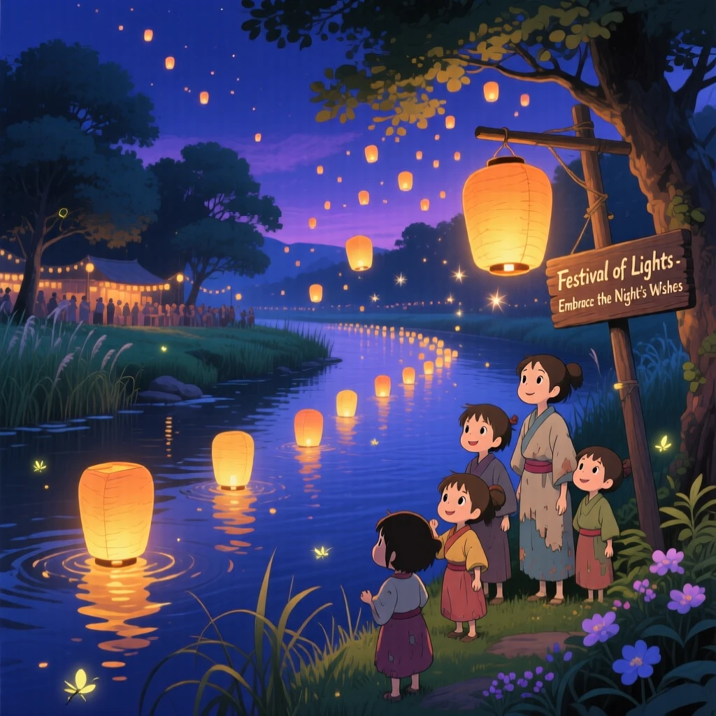 A nighttime scene of a festival of floating paper lanterns released over a river, hushed and magical.