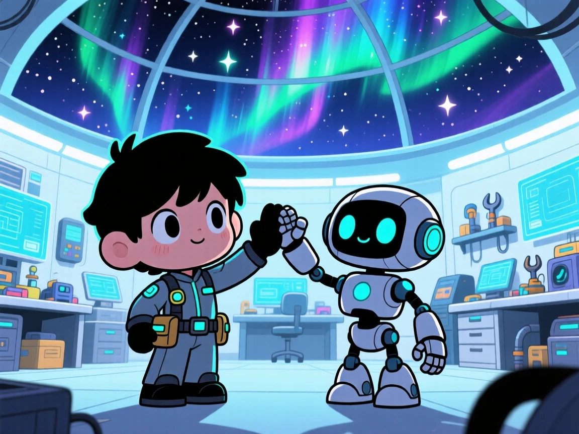 In a bright futuristic workshop, a child engineer is high-fiving a friendly helper robot beneath swirling aurora-lit skies, bathed in sparkling starlight, expression full of proud determination. Shot as a silhouette composition.