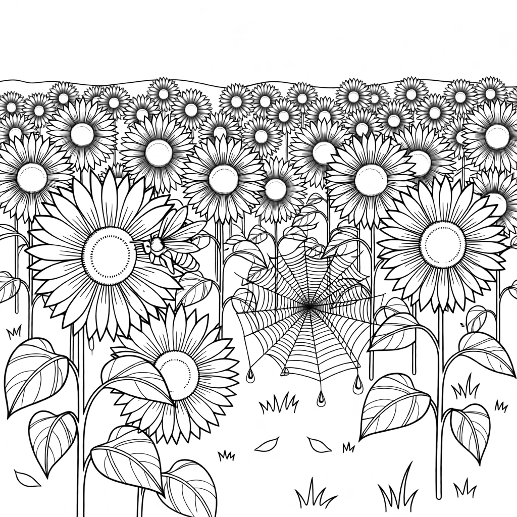A bee gathering pollen from a sunflower field, with delicate spider webs strung between branches.