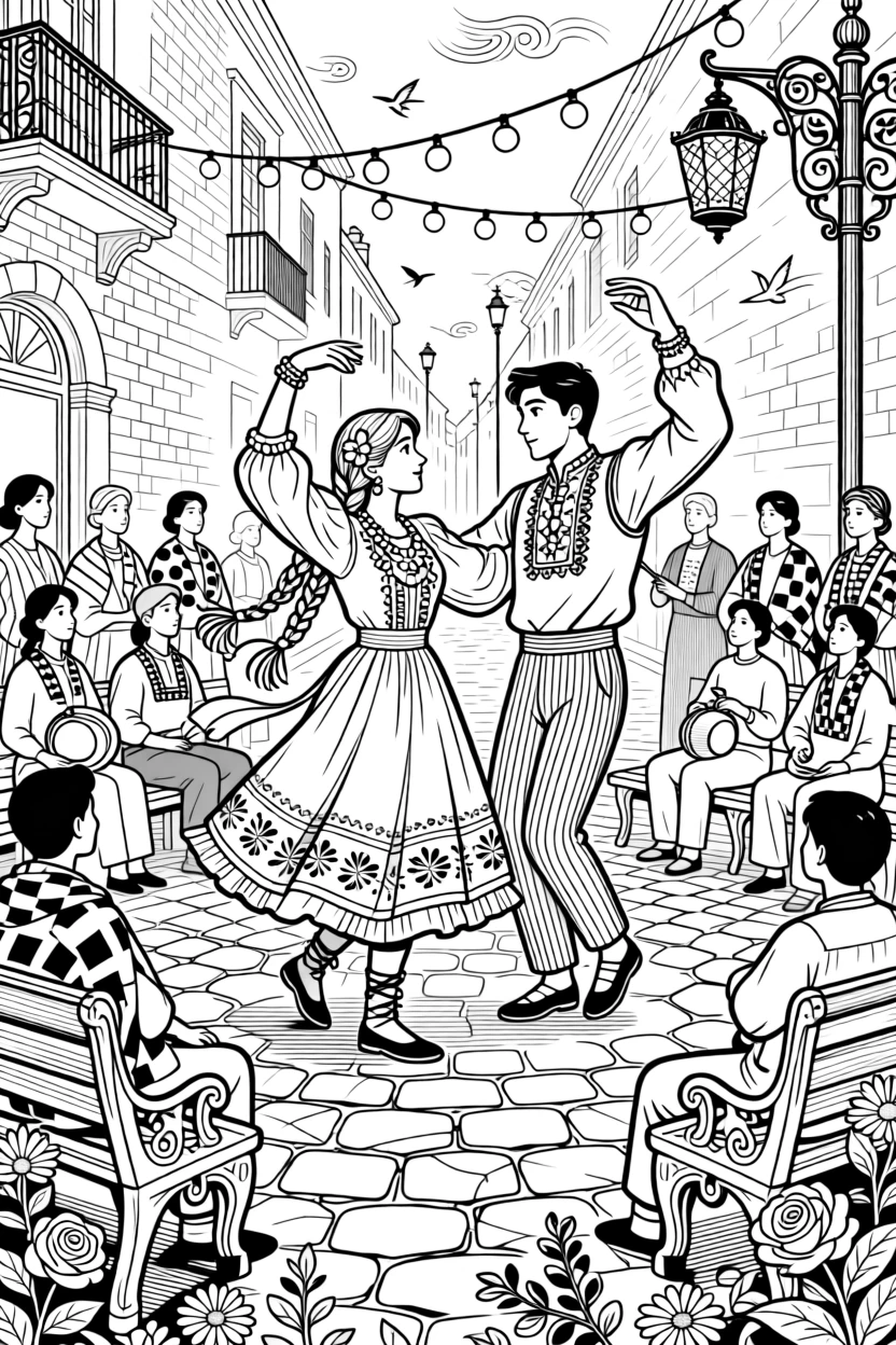 A circle dance scene with two performers and onlookers.