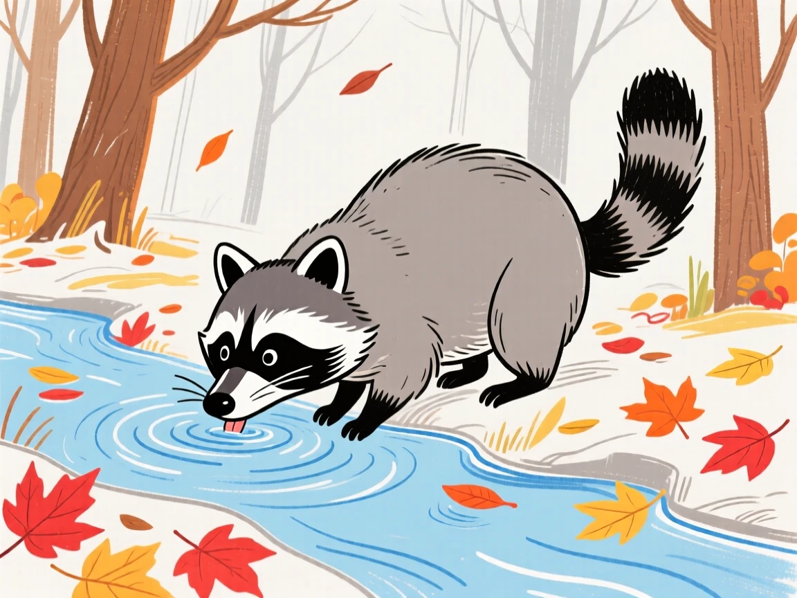 A curious raccoon drinking from a stream among autumn leaves on a crisp autumn day.