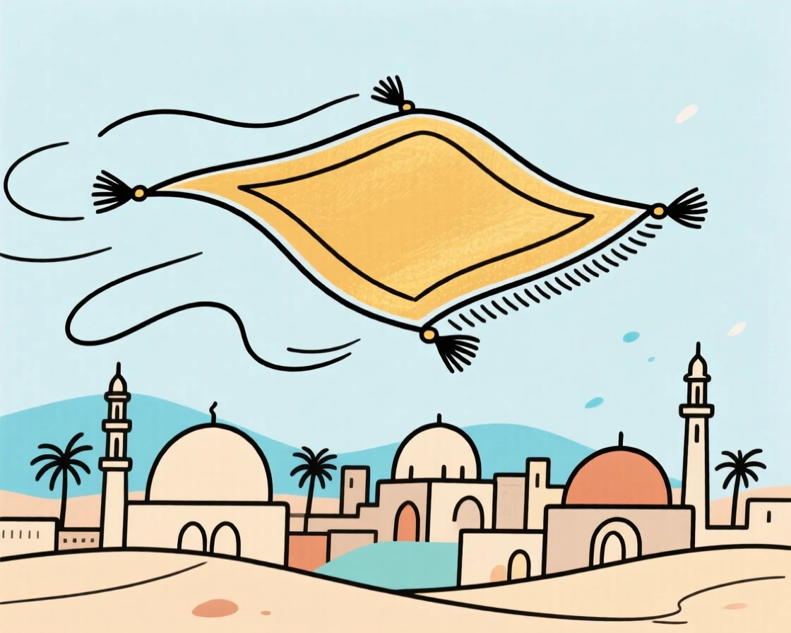 A magic carpet flying over a desert city