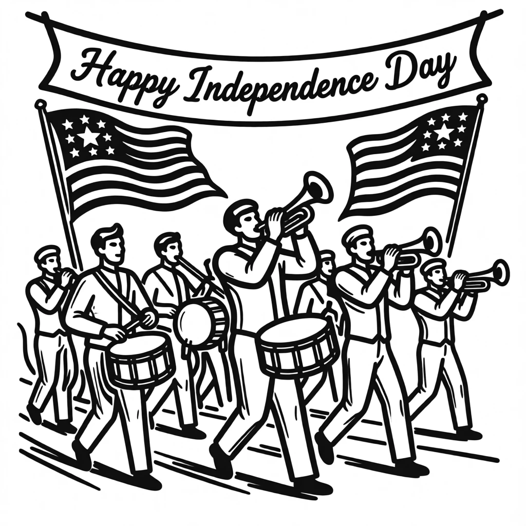 A festive July 4th parade with flags and marching bands.