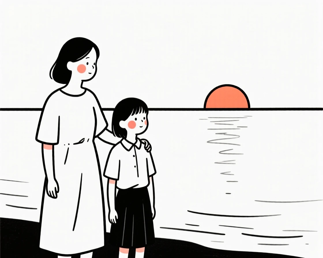 A mother and daughter, gazing thoughtfully into the distance, beside a calm lake at sunrise.