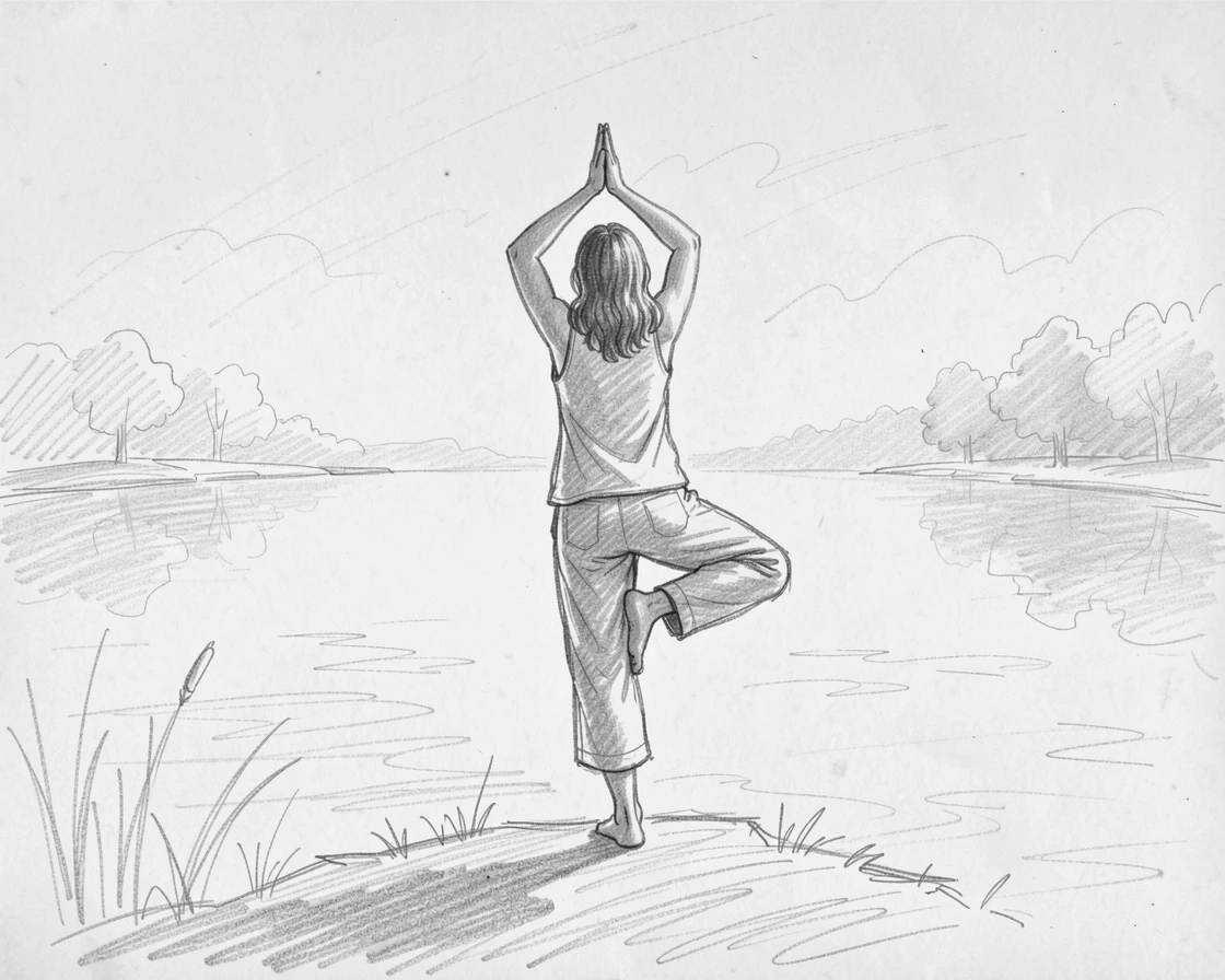 A person practicing yoga on a still lake at dawn, amid gentle morning mist, filled with a profound sense of peace.