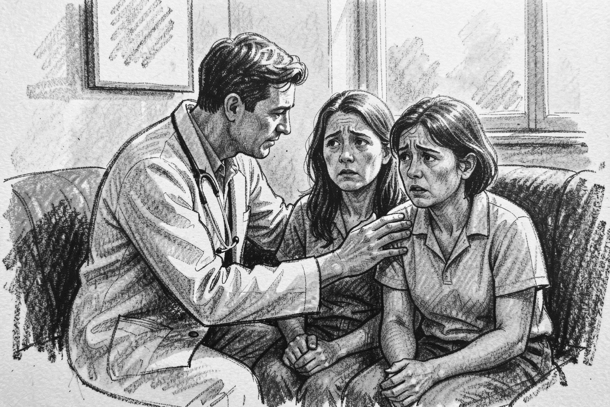 A doctor comforting a patient's worried family, on a quiet, peaceful afternoon.