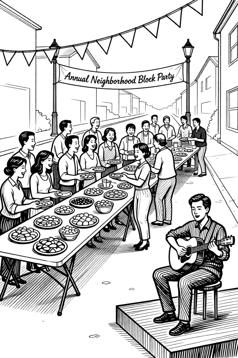 A festive block party with neighbors gathered for food and music.