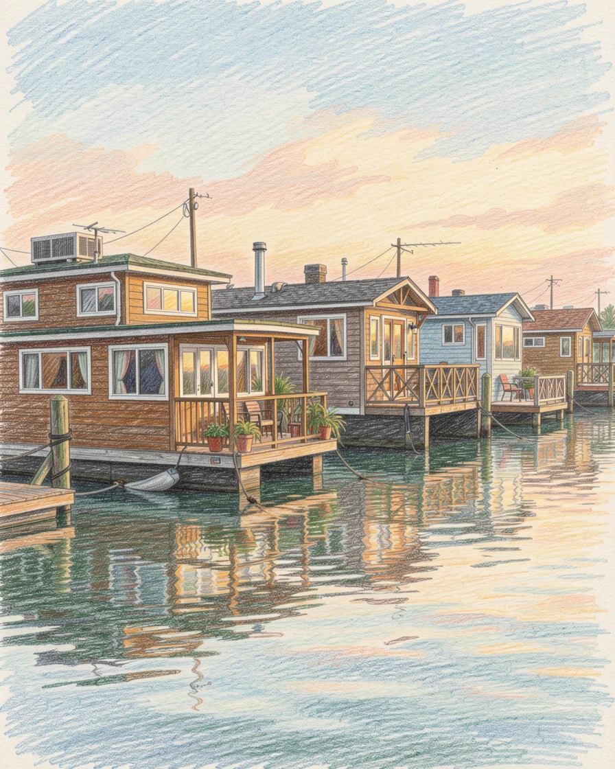 A Seattle houseboat community reflected in calm harbor water, bathed in the warm glow of golden-hour light, capturing a quiet story that lingers with the viewer.
