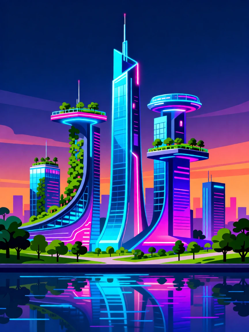 A futuristic city skyline glowing with neon lights at dusk, surrounded by lush greenery blended with modern design, arranged with soft reflections adding a polished feel, with a subtle sense of wonder about future possibilities.