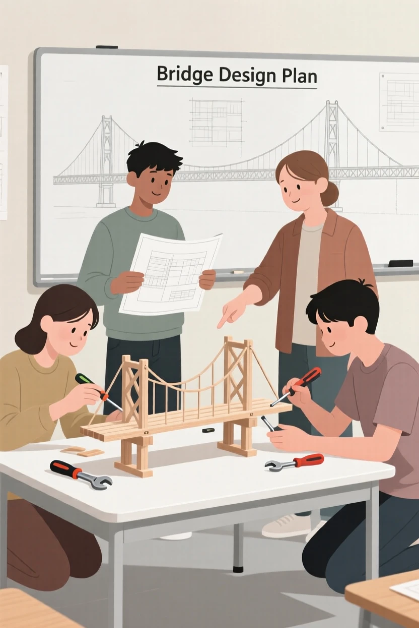 A group of students building a bridge model for an engineering class.