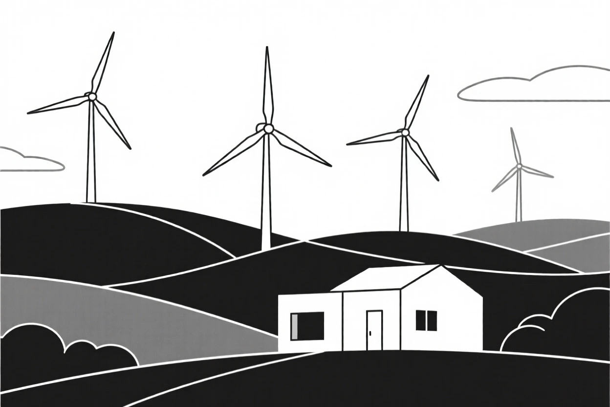 A view of wind farm on rolling hills operating within a modern smart home, near clean geometric surfaces, evoking precise engineering.