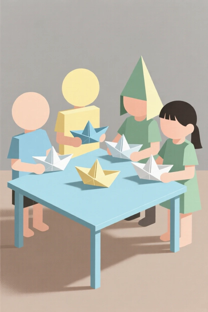A group of kids making paper boats to float