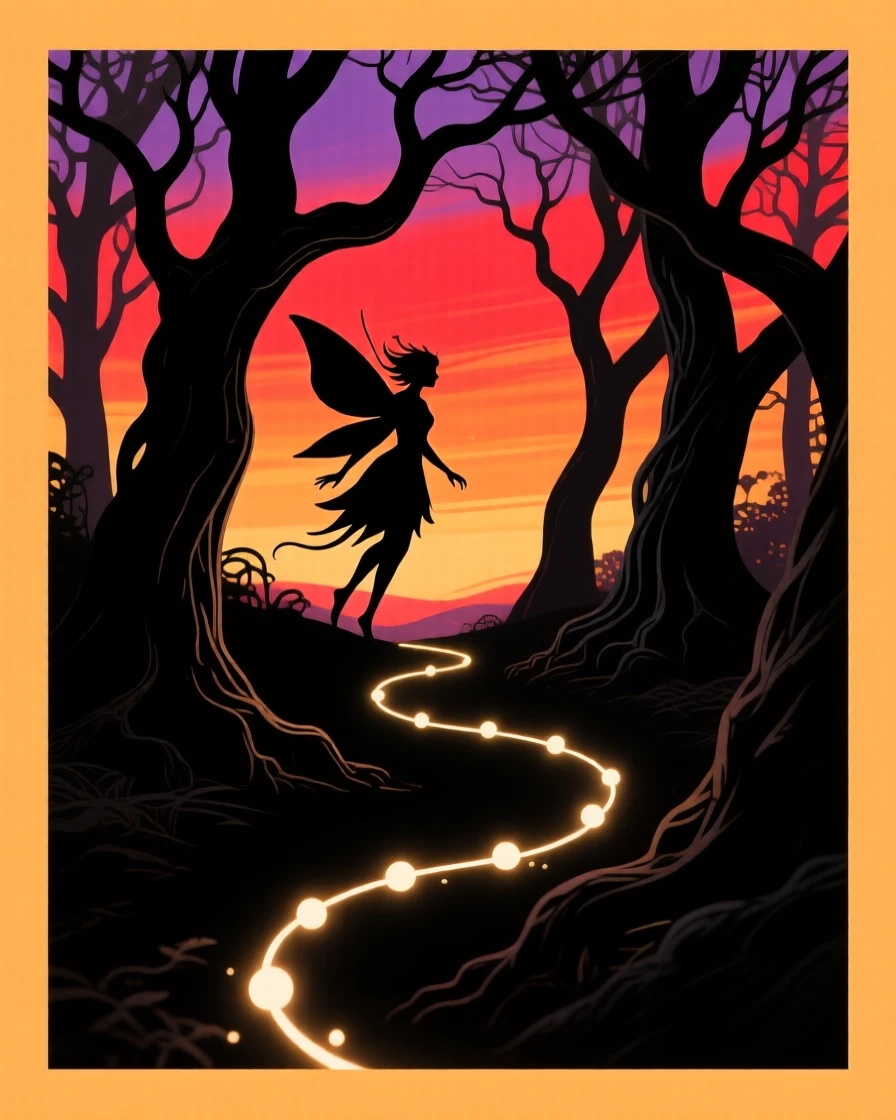 A glowing fairy trail leading deeper into an ancient, twisting forest.