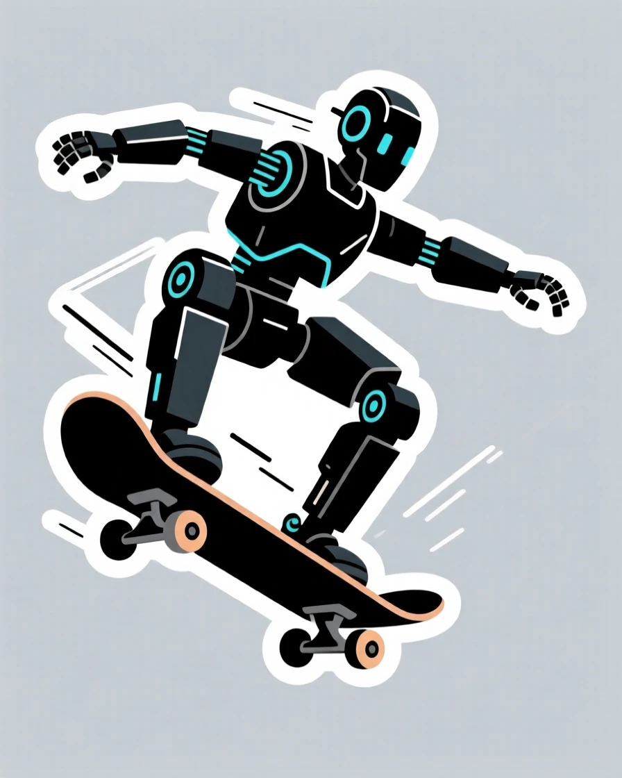 A bold and heroic cool skateboarding robot doing a trick, ready for the next big adventure, during a thrilling made-up quest.