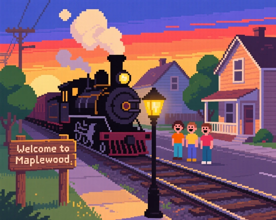 A train chugging through a small town laughing together on a warm summer evening, on a quiet suburban street in the 1980s.
