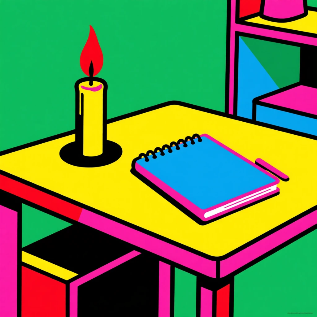 Home office desk with a candle and notebook