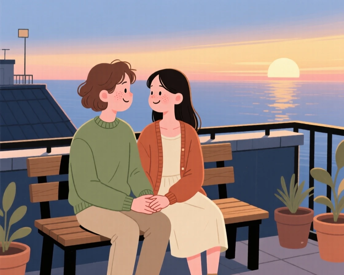 A couple shares a quiet moment on a rooftop terrace at sunset, holding hands in comfortable silence as the last light fades over the water surrounds them.