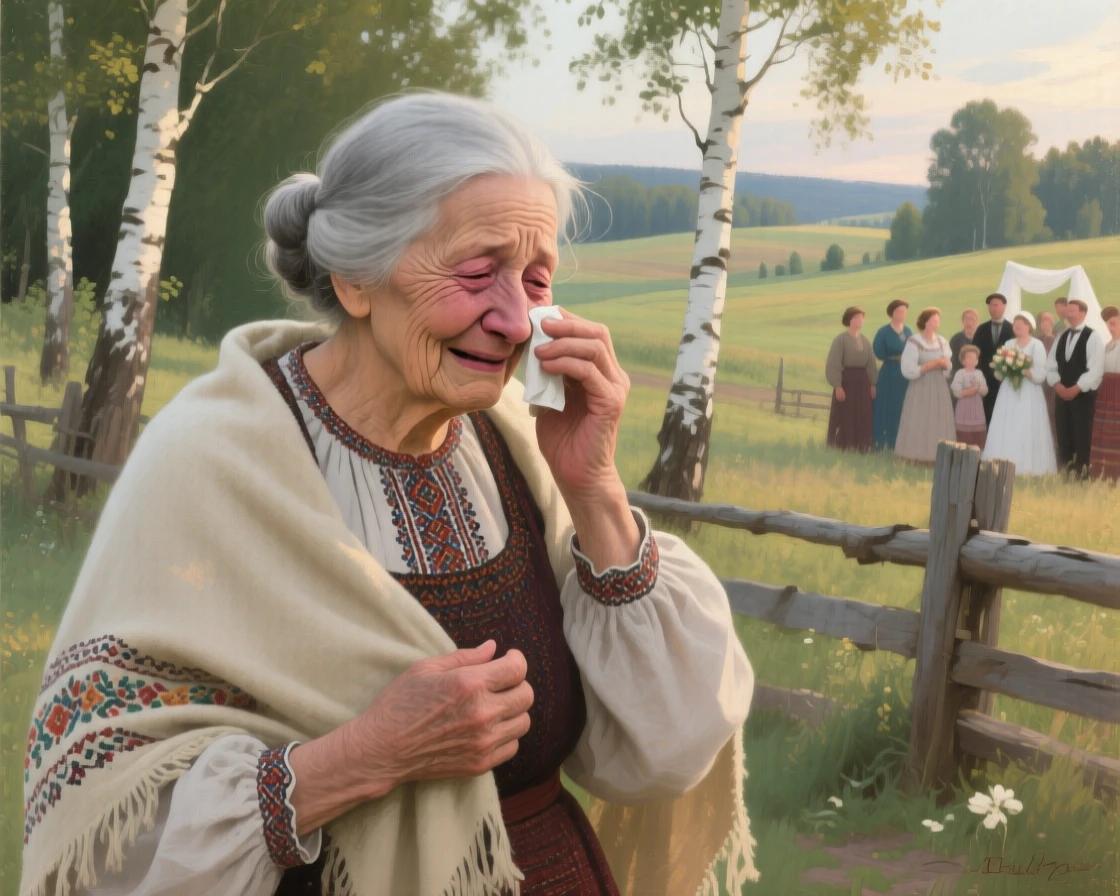 A centered composition of a grandmother wiping away tears of joy at a family wedding, in the Russian countryside, during the colonial era.