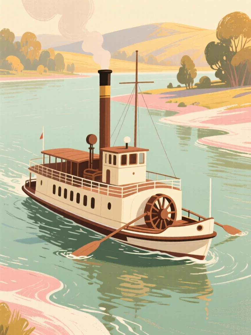 A steam-powered paddleboat drifting down a wide river