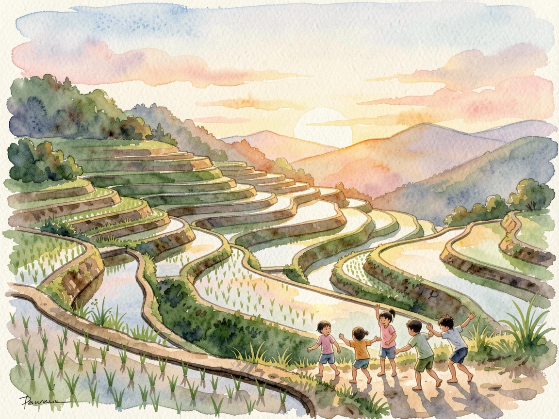 Terraced rice paddies cascading down a hillside at sunrise with children playing nearby.