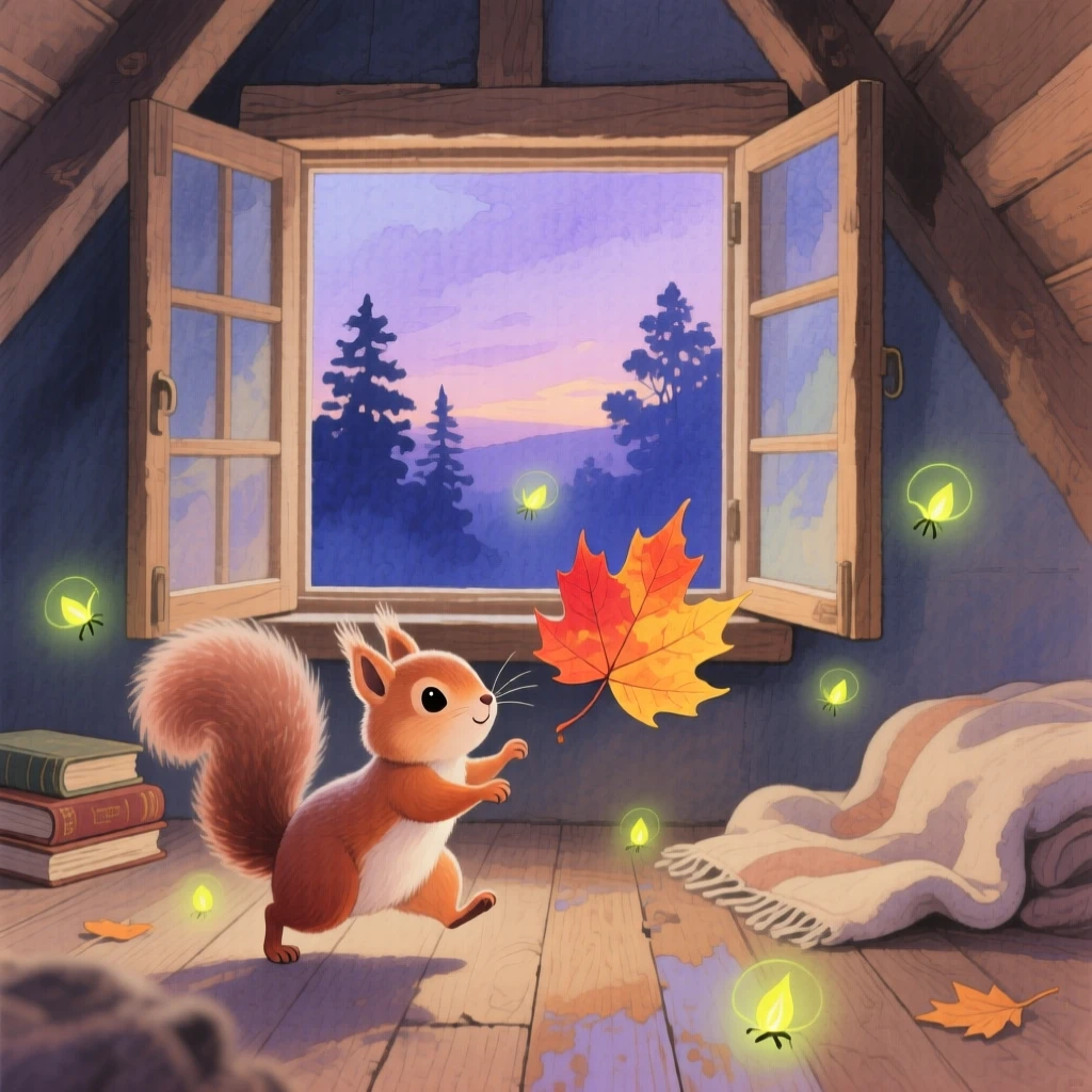 A baby squirrel chases a fluttering leaf in a cozy attic window, as fireflies begin to glow at dusk