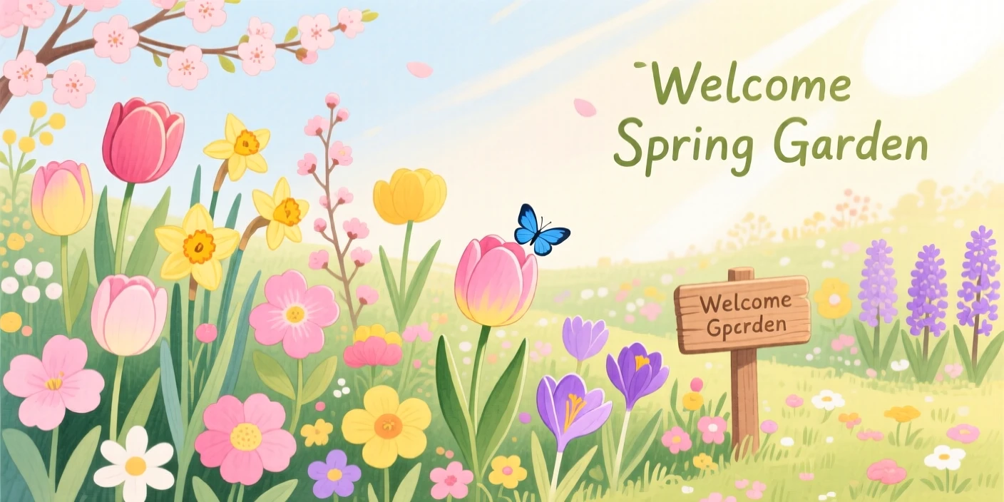 A garden filled with blooming flowers on the first day of spring, filled with seasonal charm.