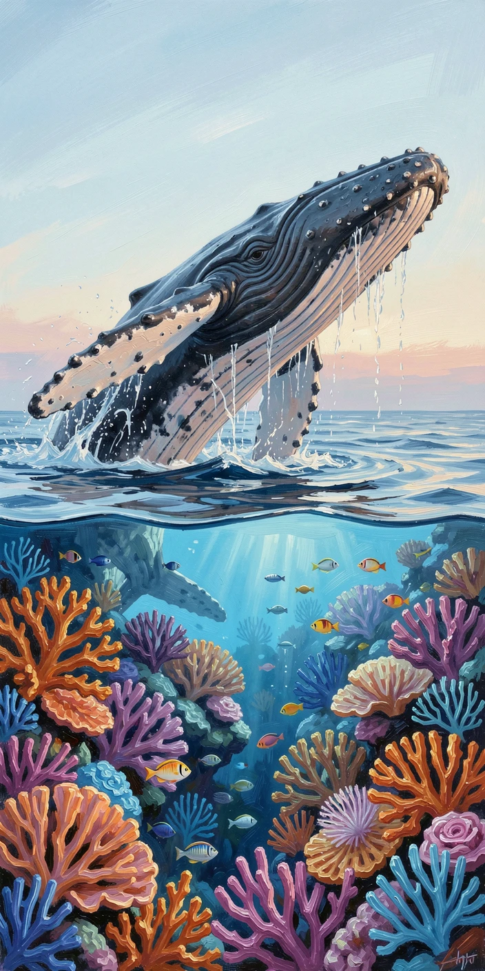 A humpback whale breaching the surface, above a vibrant coral reef teeming with color, it weaving gracefully between coral formations, during the soft blue light just beneath the surface at dawn.