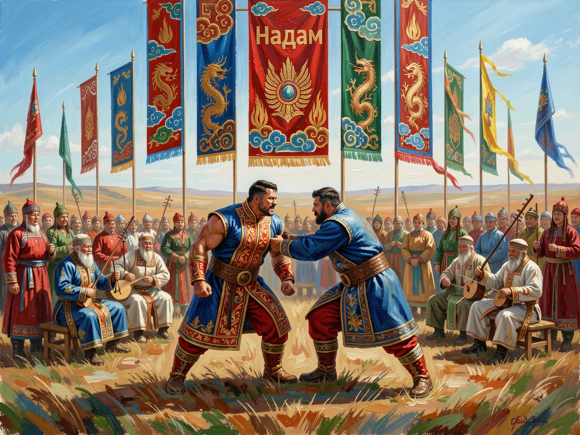 A traditional Mongolian Naadam festival shows wrestlers in traditional dress competing beneath colorful ceremonial banners on the open steppe, the atmosphere charged with music, movement, and a shared sense of celebration.