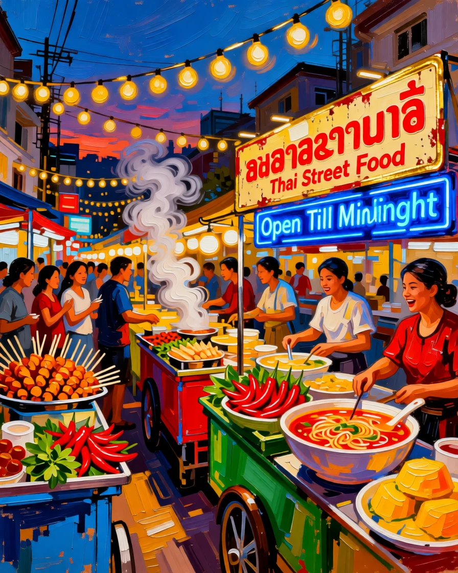 A busy night food market in Bangkok glowing with strings of lights and steam