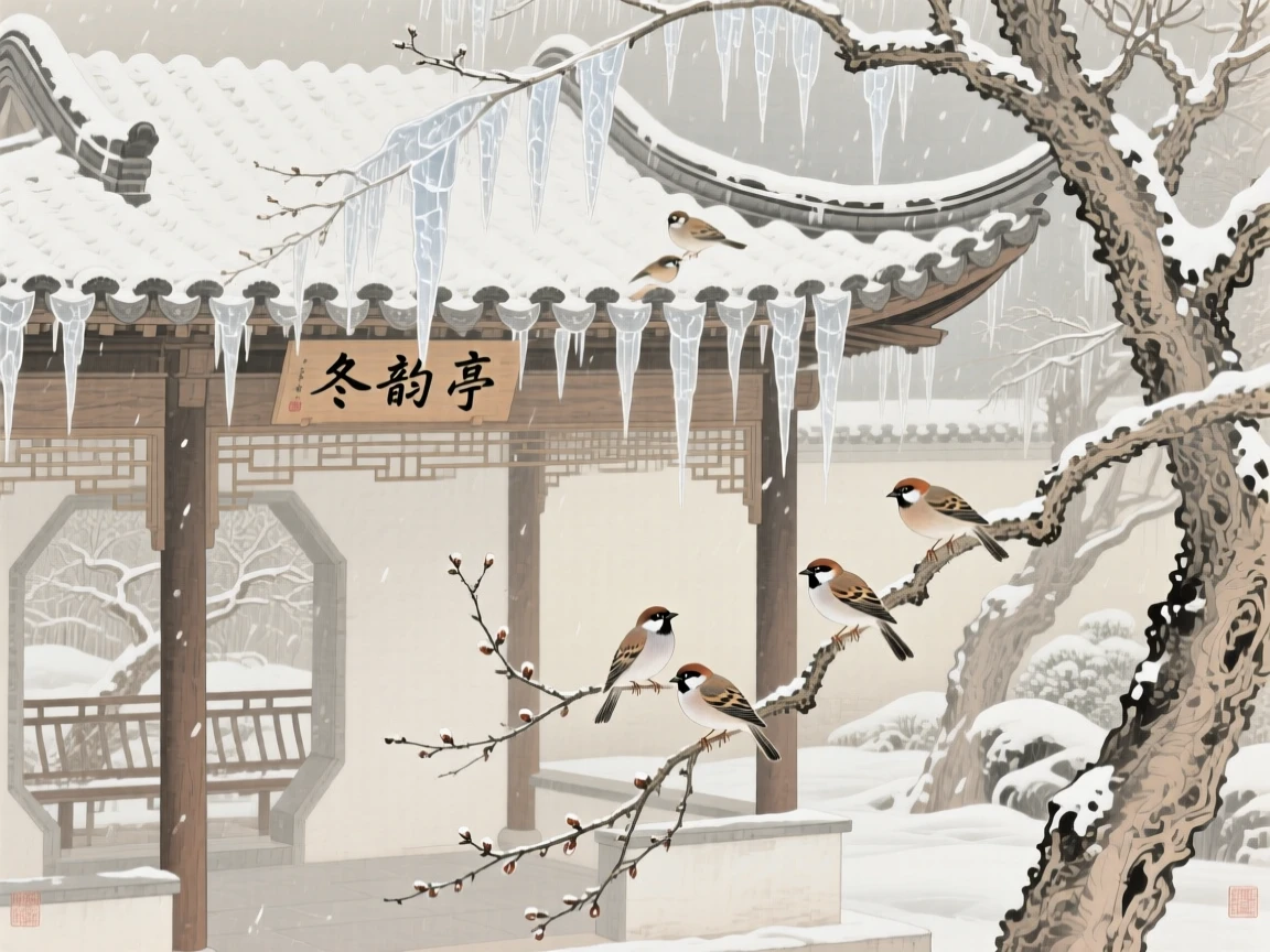 Icicles hanging from a garden pavilion roof after a winter storm, as small birds gather among the branches