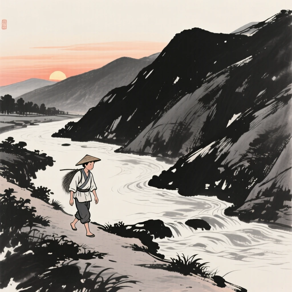 A young farmer walking slowly along a mountain path beside a slow-moving river at sunset, framed intimately, focusing on quiet gesture and expression, conveying quiet devotion and simple contentment.