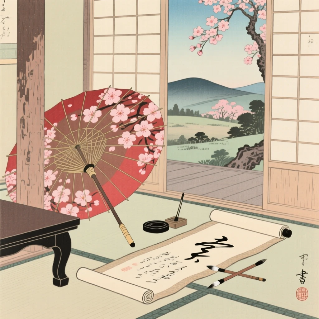 A cherry-blossom painted paper umbrella beside a half-finished scroll.