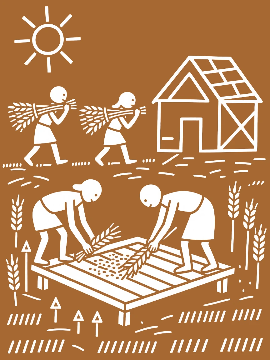 A family threshing wheat by hand carrying bundles of freshly cut crops home.