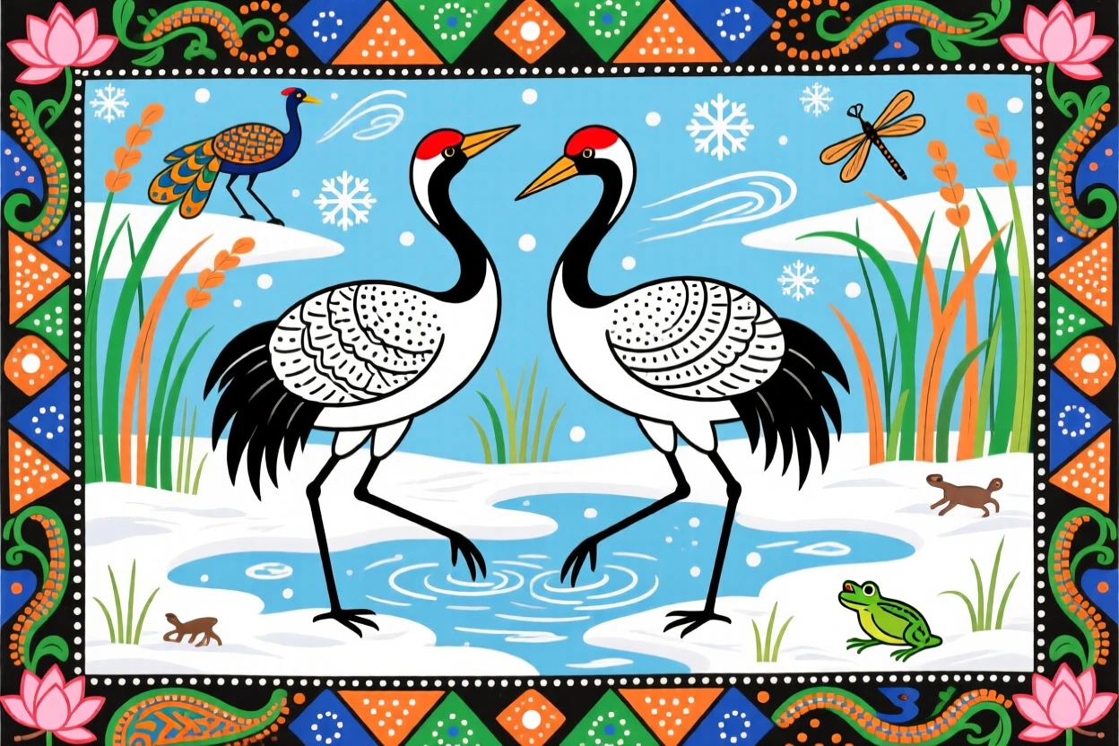 A pair of red-crowned cranes dancing together in a snowy marsh.