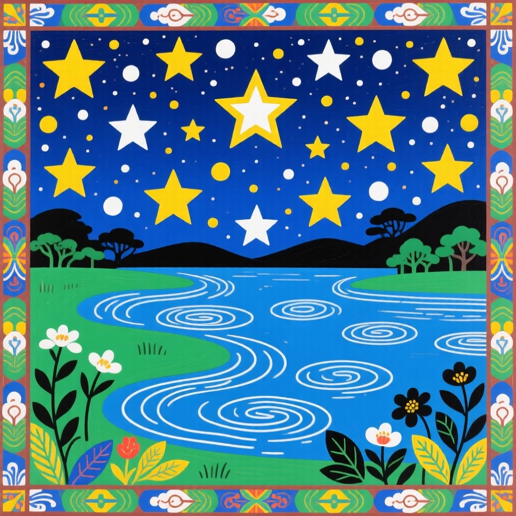 A view of a still lake beneath a sky full of stars.