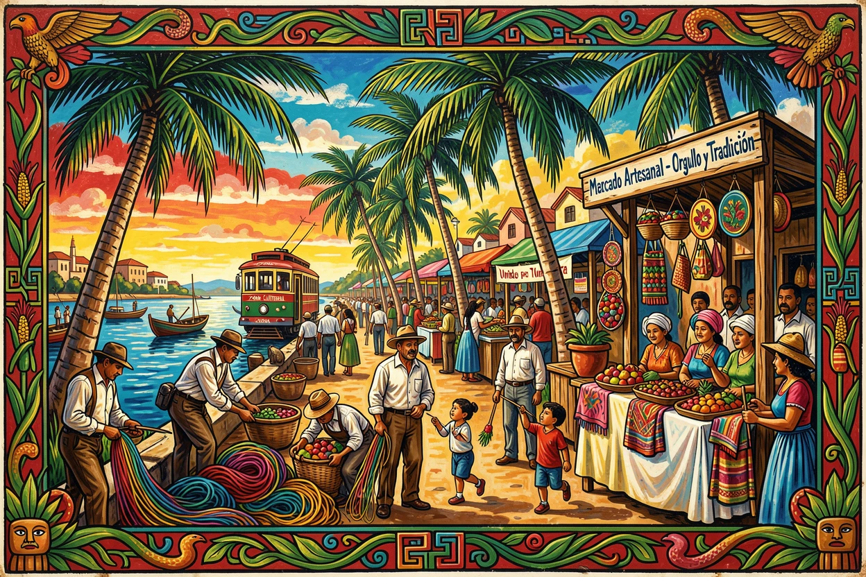 A busy waterfront promenade lined with palm trees