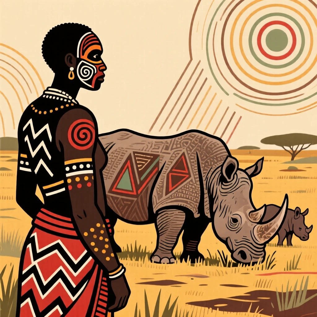 A local herder observing a family of rhinos grazing quietly.