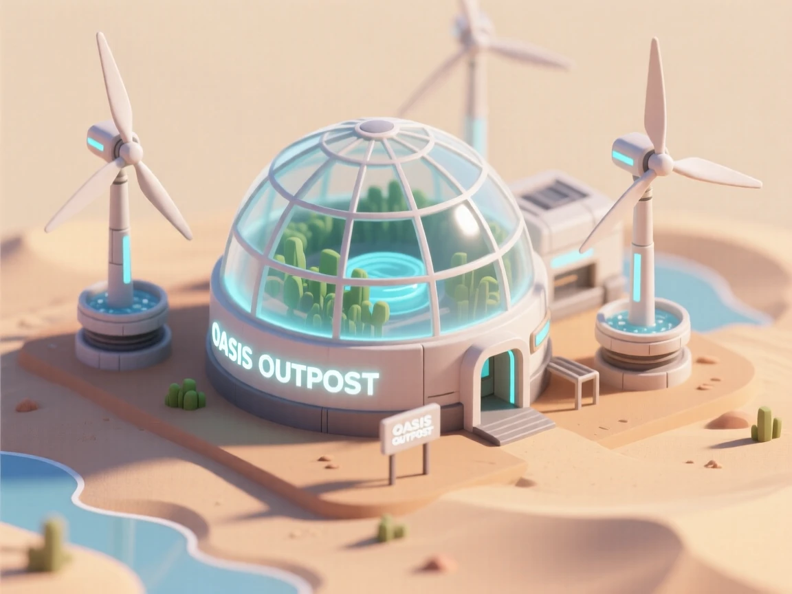 A futuristic desert outpost with wind-powered water collectors humming softly beside a domed greenhouse.