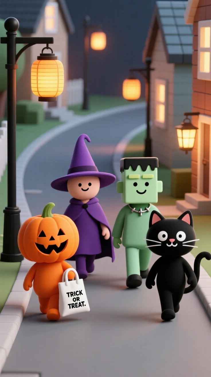 A cheerful group of trick-or-treaters in colorful costumes walk down a lantern-lit street collecting candy.