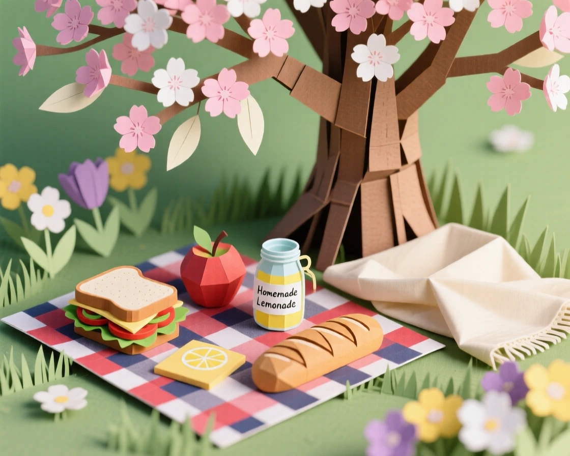 A picnic spread beneath a blossoming tree surrounded by fresh blooming flowers, with a soft blanket draped nearby, evoking cozy domestic warmth.