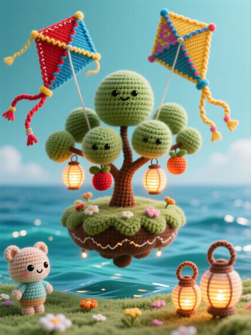An imaginative scene of a small floating orchard suspended by kites heavy with tiny glowing fruit, drifting above a quiet meadow perched above a calm and glassy sea; a cluster of miniature glowing lanterns nearby, full of cozy, whimsical enchantment.
