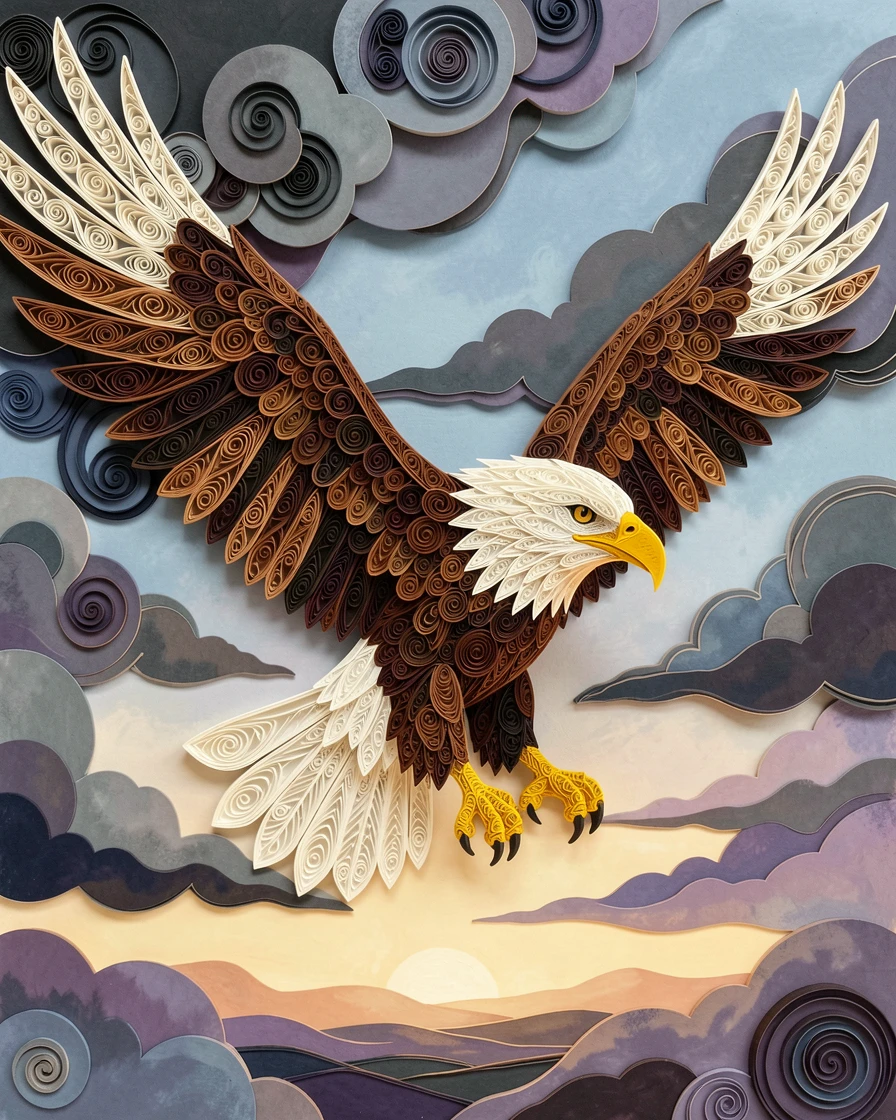 a soaring bald eagle with wings fully spread, beneath a wide open sky at dawn, captured in a quiet, still, contemplative moment, in the dramatic contrast of a stormy sky.