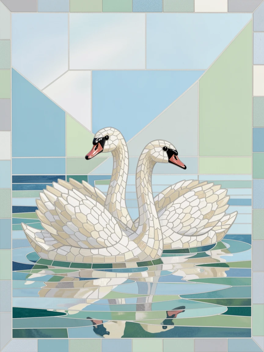 A close-up portrait of a pair of white swans gliding across a still lake, showing rich fur or feather detail and expressive eyes.