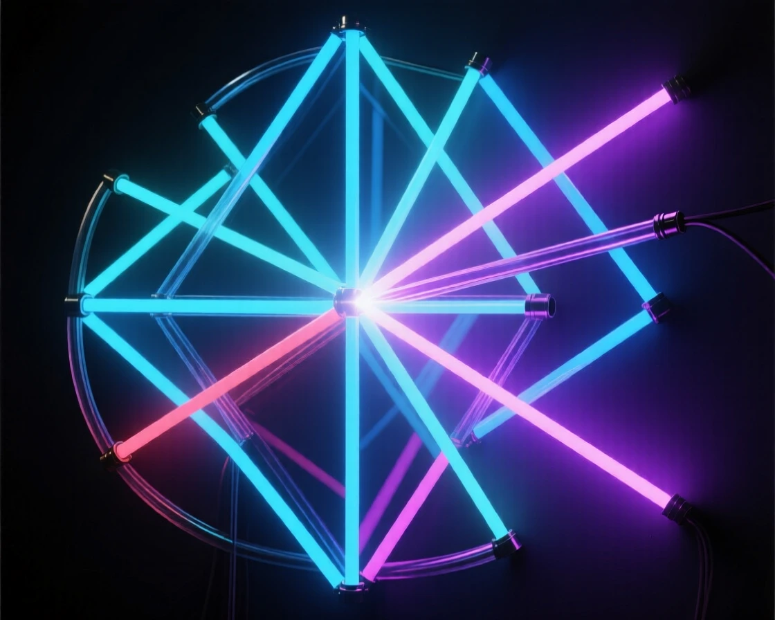 A cluster of prisms refracting a single beam into many directions.