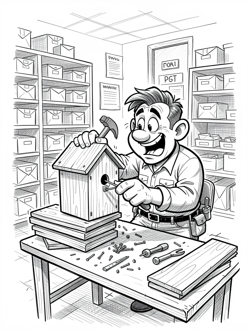 A carpenter building a wooden birdhouse in a post office sorting room.