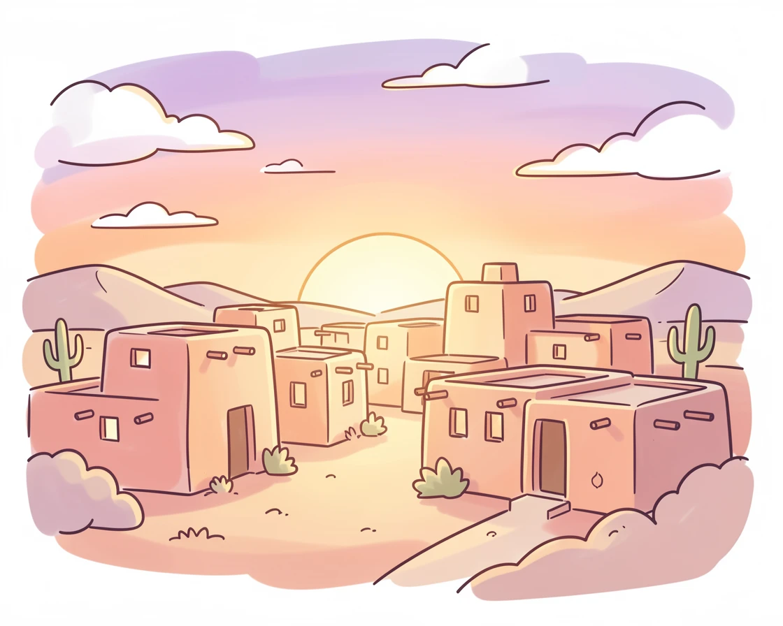 A traditional adobe village glowing warmly under a desert sunset.