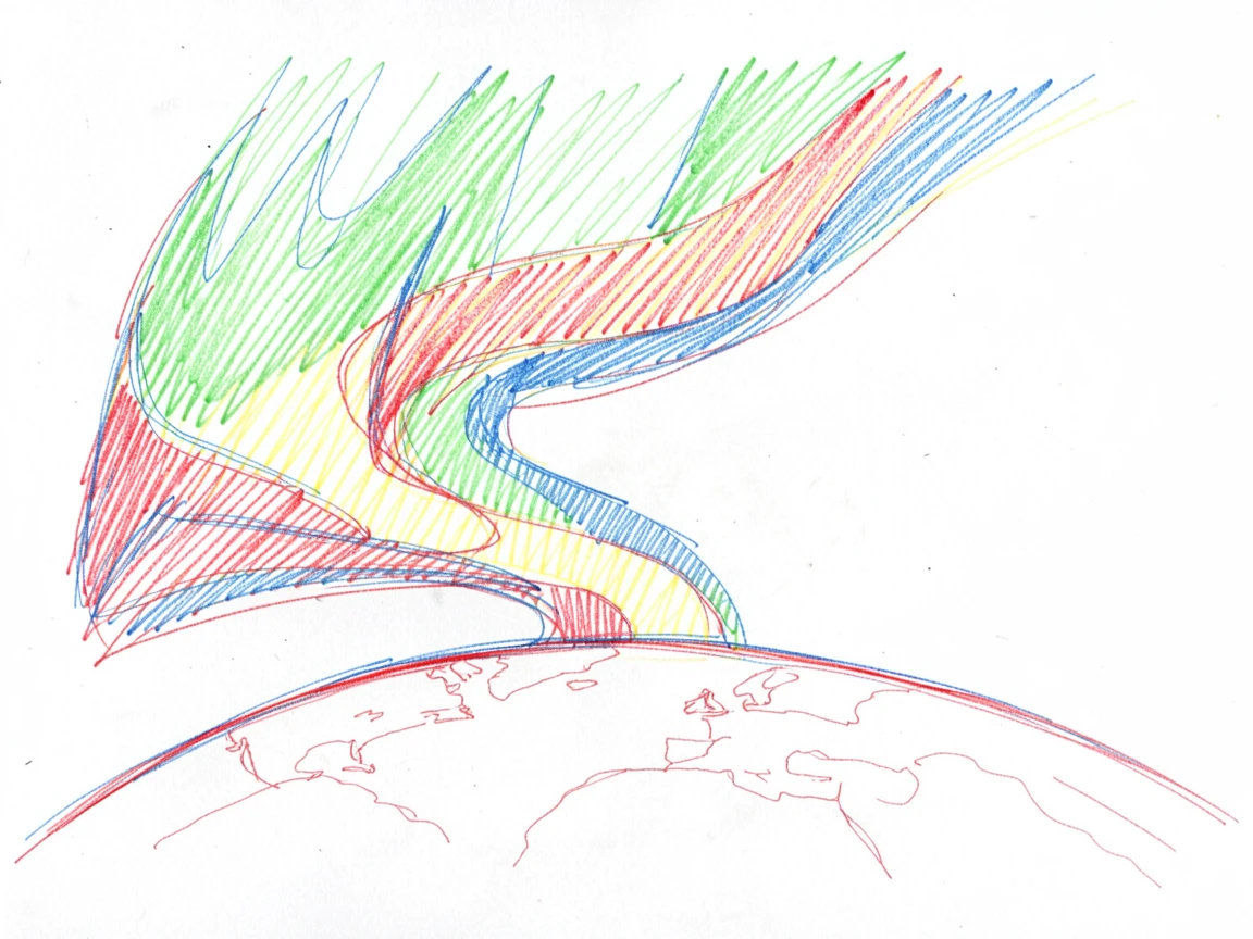 A glowing aurora seen from orbit, rippling green above Earth's curve