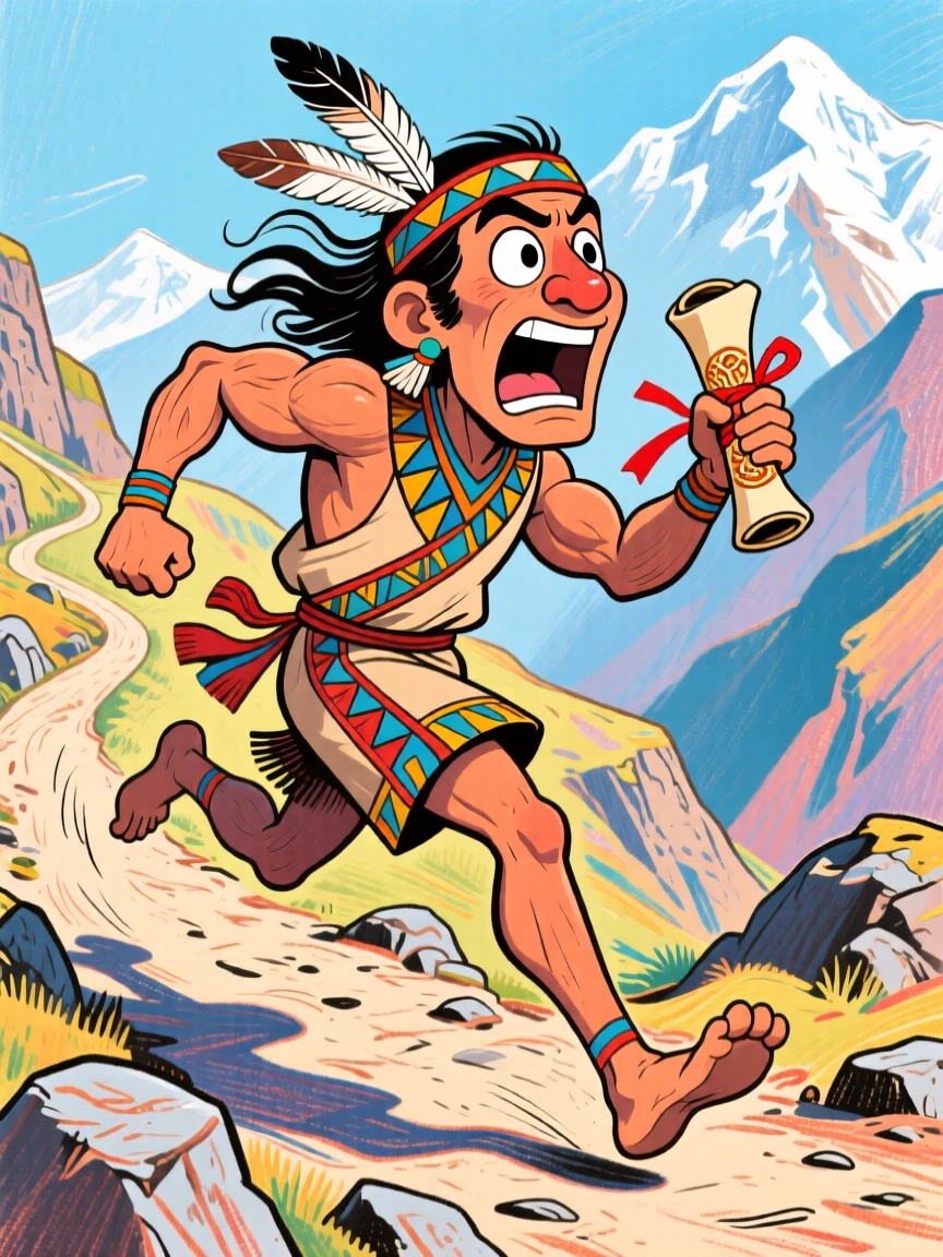An ancient Incan messenger sprinting along a mountain trail carrying urgent news.