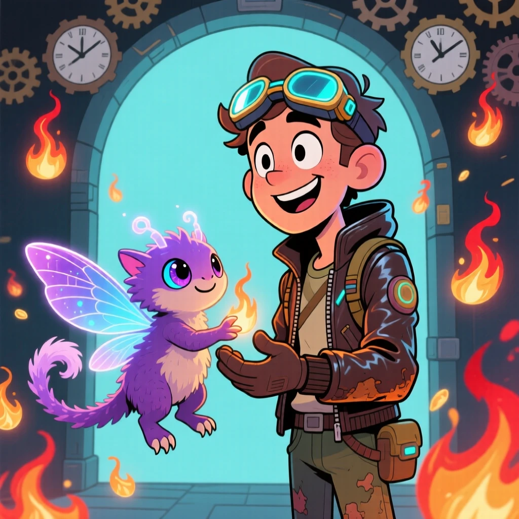 An imaginative fantasy scene of a time-traveling explorer befriending an unlikely magical creature, surrounded by drifting glowing embers.