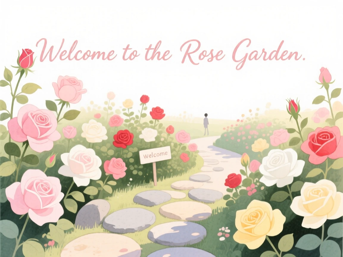 A serene landscape of a rose garden in full bloom surrounded by a stone path in soft morning light